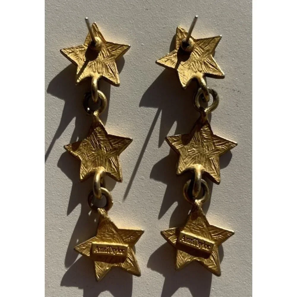Vintage Ann Taylor Gold Tone 3 Star Drop Dangle Stud Earrings Quality RARE
